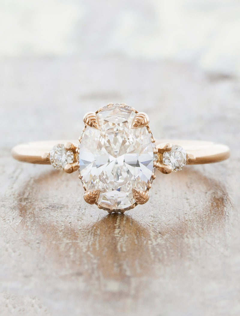 caption:Shown with 1ct oval diamond in 14k rose gold
